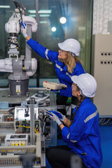 Female robotic factory workers use tablet pc quality checking Circuit Boards after assembly
