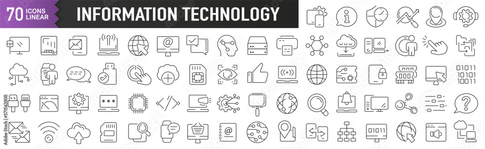 Poster information technology black linear icons. collection of 70 icons in black. big set of linear icons