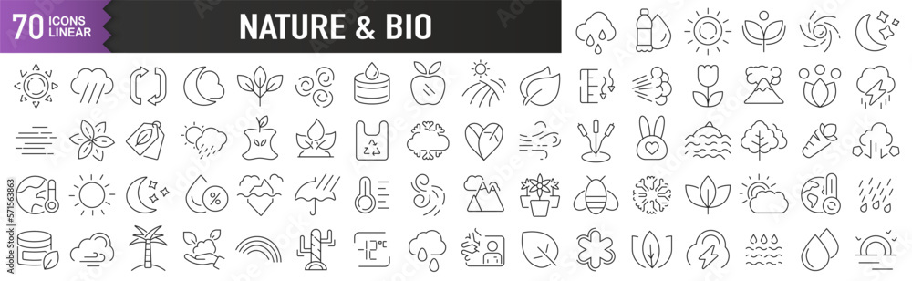 Poster nature and bio black linear icons. collection of 70 icons in black. big set of linear icons