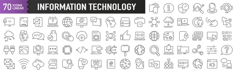 Information technology black linear icons. Collection of 70 icons in black. Big set of linear icons