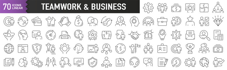 Teamwork and business black linear icons. Collection of 70 icons in black. Big set of linear icons