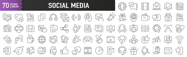 Social media black linear icons. Collection of 70 icons in black. Big set of linear icons