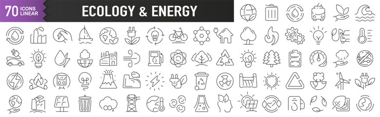 Ecology and energy black linear icons. Collection of 70 icons in black. Big set of linear icons