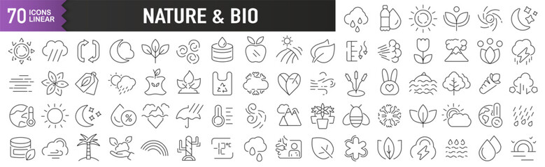 Nature and bio black linear icons. Collection of 70 icons in black. Big set of linear icons