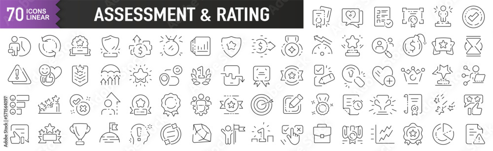 Poster Assessment and rating black linear icons. Collection of 70 icons in black. Big set of linear icons
