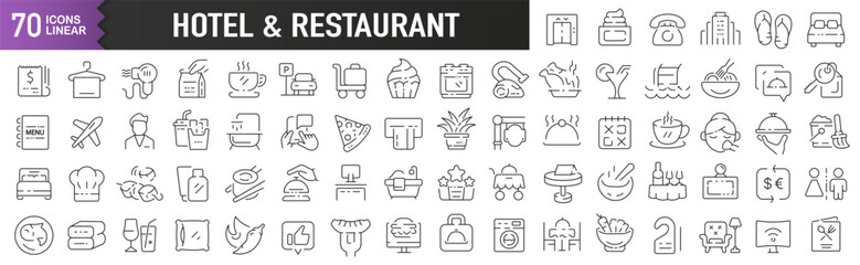 Hotel and restaurant black linear icons. Collection of 70 icons in black. Big set of linear icons