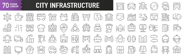 City infrastructure black linear icons. Collection of 70 icons in black. Big set of linear icons