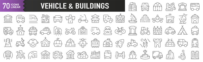 Vehicle and buildings black linear icons. Collection of 70 icons in black. Big set of linear icons