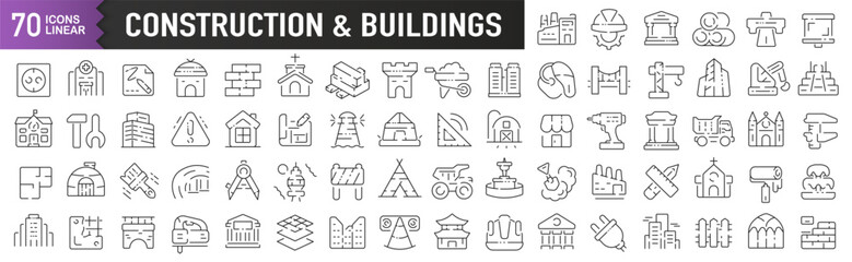 Construction and buildings black linear icons. Collection of 70 icons in black. Big set of linear icons
