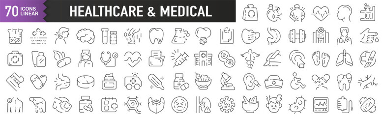 Healthcare and medical black linear icons. Collection of 70 icons in black. Big set of linear icons