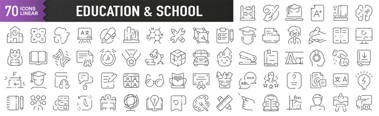 Education and school black linear icons. Collection of 70 icons in black. Big set of linear icons