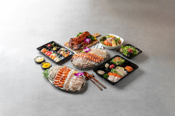 Korean food dish  Assorted Fish Sushi Lunch Box salmon sashimi halibut sashimi