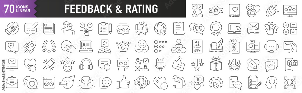 Aufkleber feedback and rating black linear icons. collection of 70 icons in black. big set of linear icons