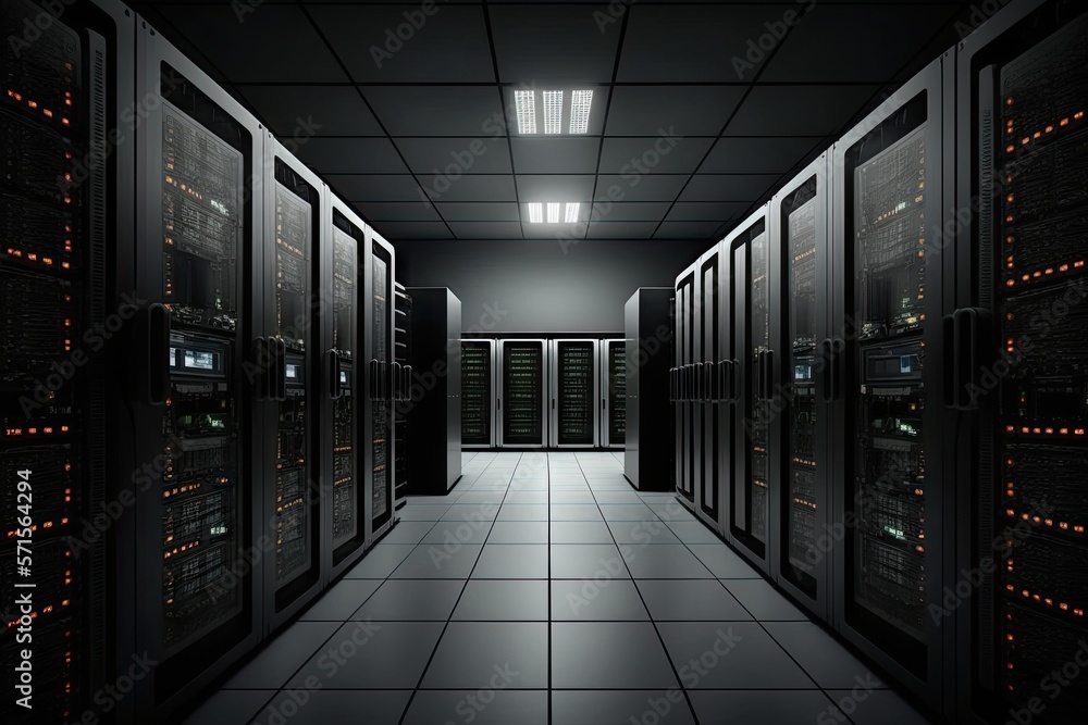 Poster the data center has a room with rows of server hardware. generative ai