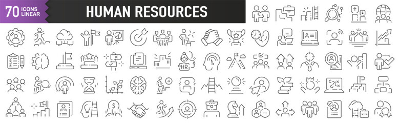 Human resources black linear icons. Collection of 70 icons in black. Big set of linear icons