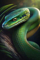 Fototapeta premium Green snake with yellow glowing eyes on a tree background .Generative AI