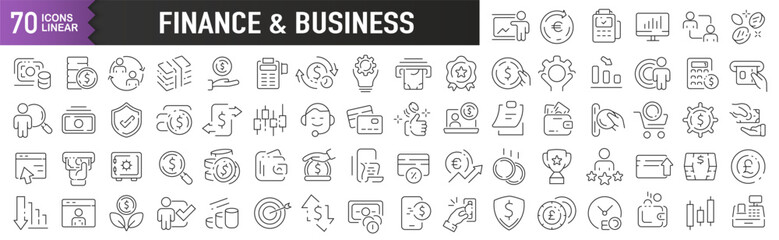 Finance and business black linear icons. Collection of 70 icons in black. Big set of linear icons