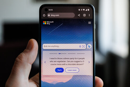 Close up shot of new Bing chatbot on smartphone. Microsoft Bing is new AI CHAT bot launched by Microsoft