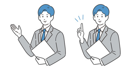 ファイルを持ちながら説明する男性イラスト