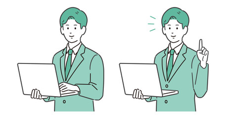 パソコンを持ちながら説明する男性イラスト