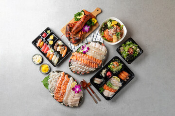 Korean food dish  Assorted Fish Sushi Lunch Box salmon sashimi halibut sashimi