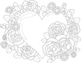 Realistic rose flower mix bouquet with heart graphic sketch template. Vector illustration in black and white for games, background, pattern, decor. Coloring paper, page, story book. Print for fabrics 