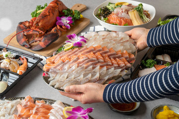 Korean food dish salmon sashimi halibut sashimi