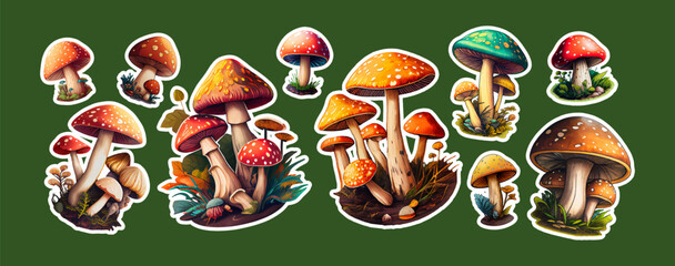 Big bundle of stickers with mushrooms. AI. Vector collection sticker of mushrooms on green isolated background.