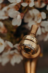 Wedding rings on pipe of water