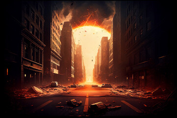 Burned out city street, Apocalyptic perspective of the city center as a design for a catastrophe movie poster. Generative Ai - obrazy, fototapety, plakaty