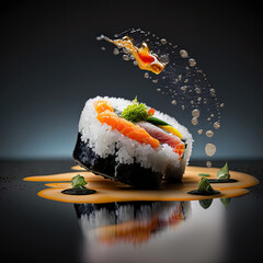 Mouthwatering Photography of Sushi on Sleek Black Background. Ai generated art - obrazy, fototapety, plakaty