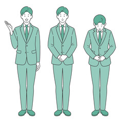 立ち姿で案内・紹介・説明するビジネスマンの全身イラストセット