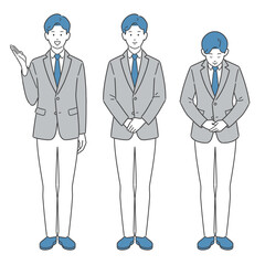 立ち姿で案内・紹介・説明するビジネスマンの全身イラストセット