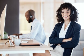 Crm portrait, call center and black woman by a lead generation computer on a office call. Customer service, web support and contact us employee with a smile from online consulting job and career