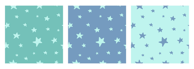 Three different colors star pattern in doodle style endless seamless pattern. Green, blue, dark blue color simple hand drawn vector illustration.