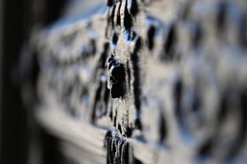 Obraz premium Diagonal, blurred view of an old wood carving on the entrance door of a church.