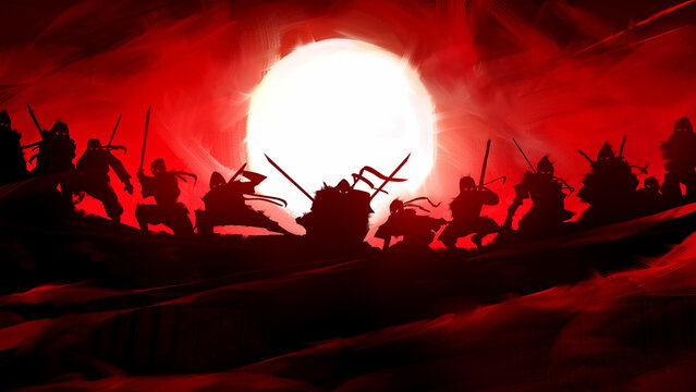 Black silhouettes with a dozen ninjas sitting on the roof in the rays of the blood moon with weapons at the ready, they are in suits with swords and long armbands swaying in the wind. 2d art