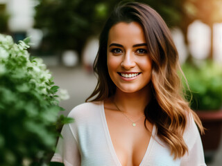 Naklejka premium Natural tanned girl with dark hair, cleavage, white shirt. Smile. Green background. Generative AI