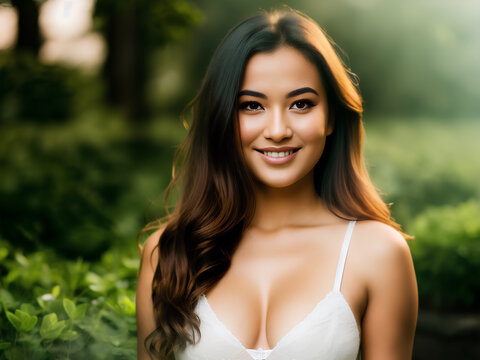 Young sensual exotic woman with dark hair and white blouse and cleavage. Green background. Generative AI