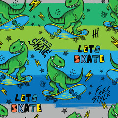 Bright cool seamless pattern with dinosaur on a skateboard. graffiti background with t rex.For textile, kids wear, fabric and more  © SokolArtStudio