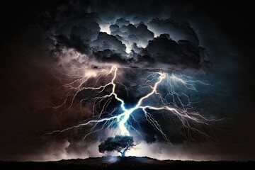 Lightning thunderstorm flash over the night sky. Concept on topic weather, cataclysms (hurricane, Typhoon, tornado, storm). Generative AI