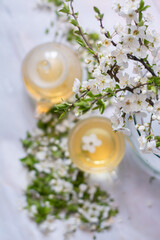 Obraz na płótnie Canvas Green fruity herbal tea with apple flower petal in teapot, apple slice, tea glass mug, flowering branch on gray table