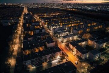 Aubervilliers / France - Mars 2020: Paris suburb (Seine-Saint-Denis district) at night (sunset in the background), drone aerial view from left to right, AI generated