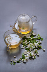 Green fruity herbal tea with apple flower petal in teapot, apple slice, tea glass mug, flowering branch on gray table