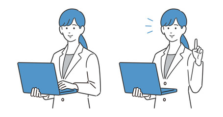 パソコンを持ちながら説明する女性イラスト