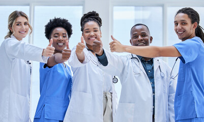 Doctors, nurses and portrait in thumbs up for teamwork, support and hospital diversity mission....