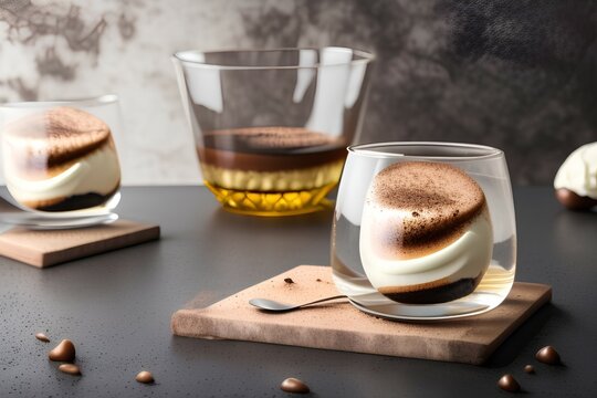 Classic tiramisu dessert in a glass on stone serving board on dark concrete background - generative ai