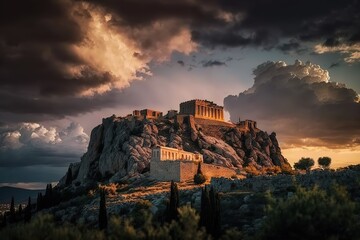 Time-lapse of the illuminated Acropolis on top of the hill at sunrise with moving clouds in the background