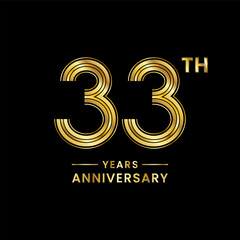 Obraz premium 33th Anniversary logo design with golden numbers and text for anniversary celebration event, invitation, wedding, marriage, greeting card, banner, poster, flyer, brochure. Logo Vector Template
