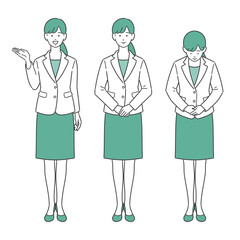 立ち姿で案内・紹介・説明する働く女性の全身イラストセット